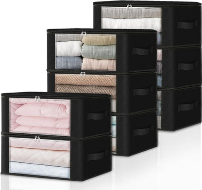 Homehacks Storage 3-Pack Clothes Organizer Storage Bags Foldable Storage Box with Large Clear Window Sturdy Handles for Closet, Dorm, Pillows, Bedding, Clothes, Blankets, 35L, Gray