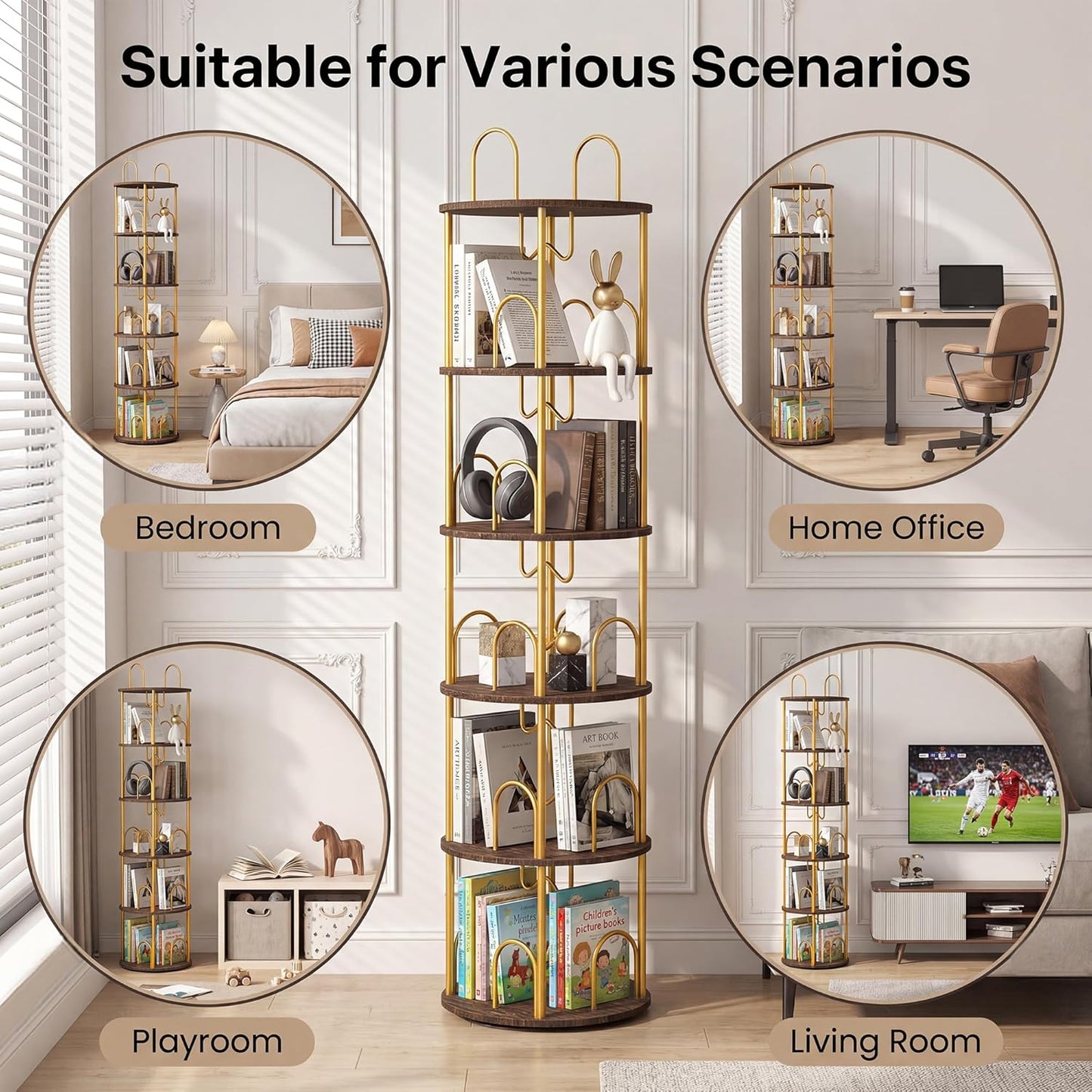 5 Tier Rotating Bookshelf, 360° Spinning Bookshelf Tower, Narrow Corner Book Shelf, Revolving Bookcase Corner Tall Book Shelf for Small Spaces, Bedroom, Living Room, Gold