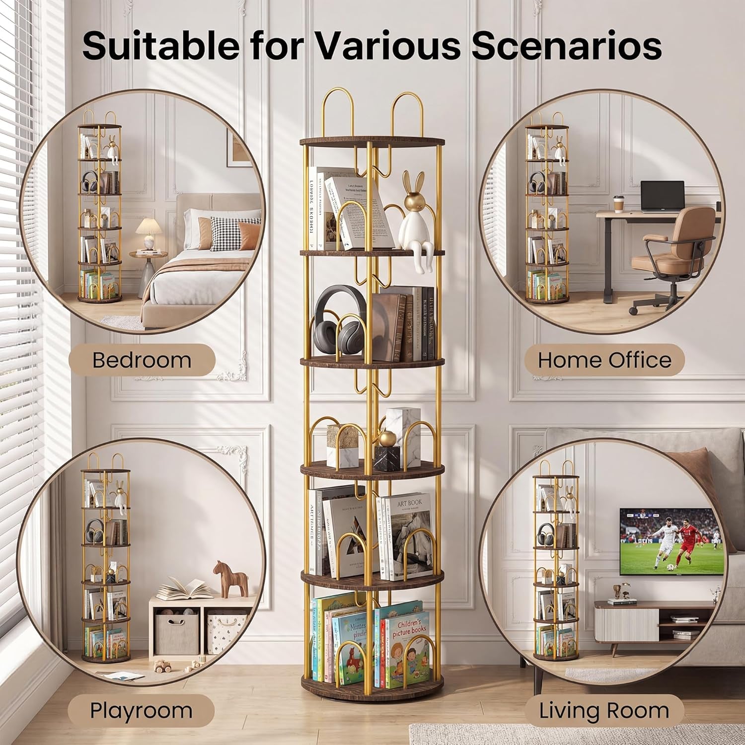 5 Tier Rotating Bookshelf, 360° Spinning Bookshelf Tower, Narrow Corner Book Shelf, Revolving Bookcase Corner Tall Book Shelf for Small Spaces, Bedroom, Living Room, Gold