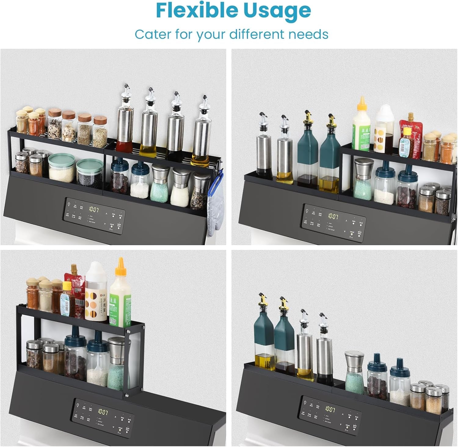 Otraki 2 Tier Strong Magnetic Oven Shelf 30 Inch Length Spice Rack over the Stove Shelf with 2 Anti-Slip Mats Seasoning & 4 Hooks Kitchen Spice Storage Organizer Black