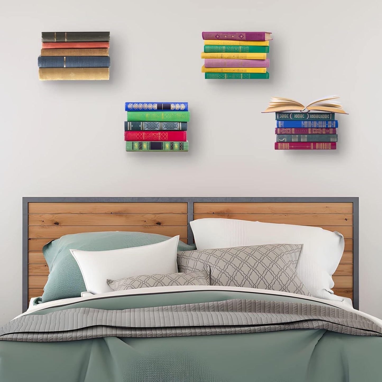 Invisible floating iron bookshelf, close-up of concealed bracket