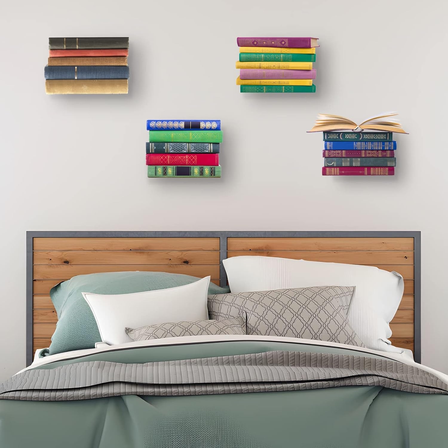 Invisible floating iron bookshelf, close-up of concealed bracket
