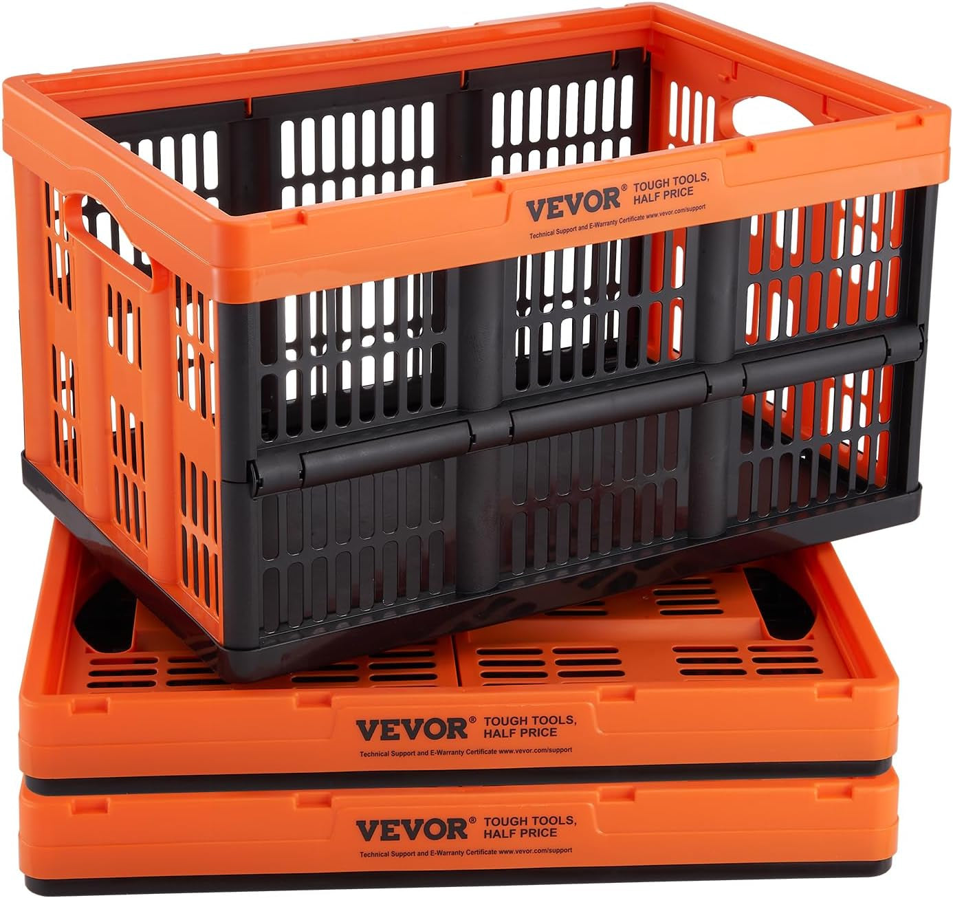 VEVOR Plastic Collapsible Storage Bins with Lids, 45L 3Packs, Stackable Folding Storage Crates with Handles, Holds 44 Lbs per Bin, Heavy Duty Containers, Space-Saving Baskets, for Home Organizing