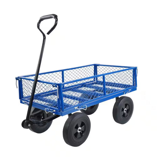 Metal Wagon Cart with 10" Pneumatic Tire and Handle, Utility Dump Outdoor Serving Cart for Lawn Garden Farm in Blue
