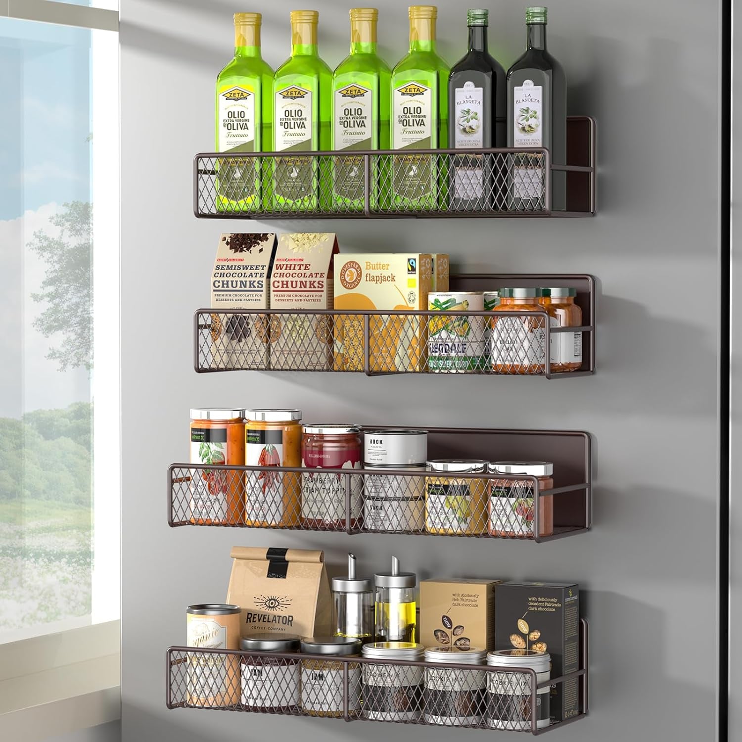 Magnetic spice rack shelf holding oil bottles