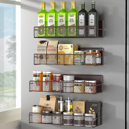 Magnetic spice rack shelf holding oil bottles
