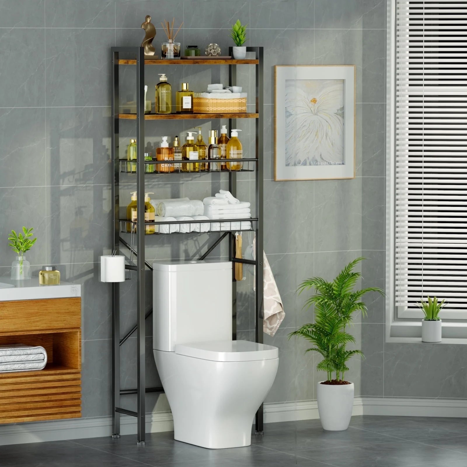 Capri 4-Tier Over-The-Toilet Storage Shelf, Bathroom Organizer Shelf over Toilet, Freestanding Space Saver Rack with Adjustable Shelf and Basket, Rustic Brown