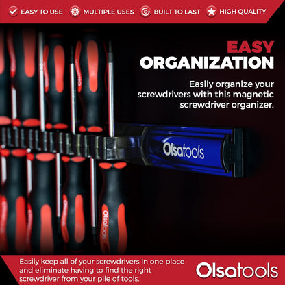 Olsa Tools Magnetic Screwdriver Organizer - Screwdriver Holder with Strong Magnets and Foam Backing - Professional Tool Holder and Tool Organizer - Stores up to 16 Screwdrivers - Blue - Part: 1114