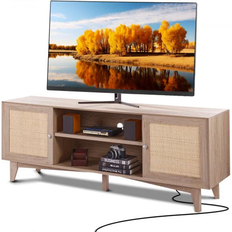 Rattan TV Stand, Mid Century Modern TV Stand for 75 Inch TV, Boho Rattan TV Cabinet with Build-In Socket and USB Ports, Adjustable Shelfs for Living Room, Media Room, Oak