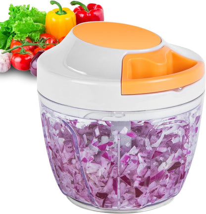 Pull-string manual food chopper, size reference on a counter