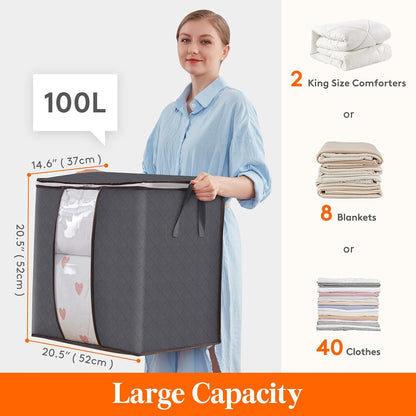 Lifewit 3-Pack 100L Foldable Clothes Storage Bins with Lids - Clear Window, Zippered, Reinforced Handles for Easy Organization of Clothing, Blankets, and Bedding
