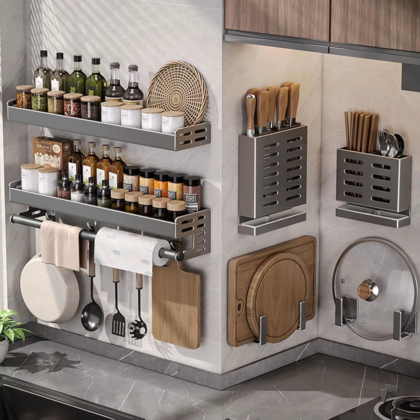 Wall Mount Utensil Holder Multifunctional Spice Organizer Shelf with Hooks Kitchen Hanging Storage Wall Shelf
