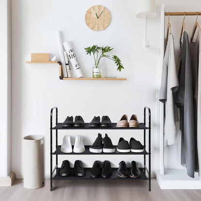 MAX Houser 3-Tier Metal Shoe Rack - Stylish and Sturdy Storage for 9-12 Pairs, Easy Assembly for Entryway or Bedroom - Sleek Black Design