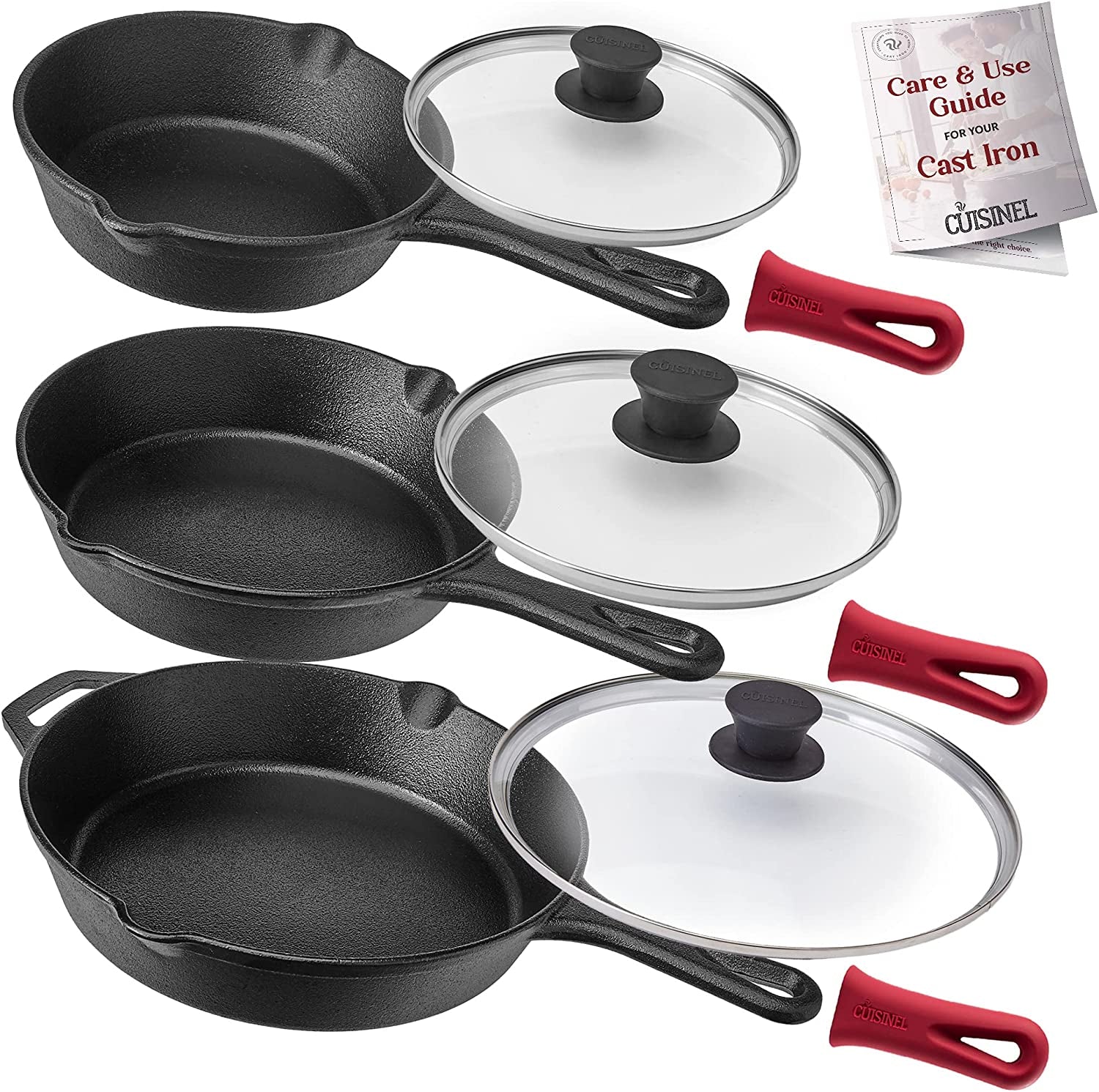 Cuisinel Pre-Seasoned Cast Iron Skillet Set - 6", 8", & 10" with Glass Lids & Silicone Handle Covers - Versatile Oven Safe Cookware for Indoor/Outdoor Cooking, Grill, BBQ, & Induction