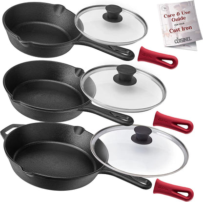 Cuisinel Pre-Seasoned Cast Iron Skillet Set - 6", 8", & 10" with Glass Lids & Silicone Handle Covers - Versatile Oven Safe Cookware for Indoor/Outdoor Cooking, Grill, BBQ, & Induction