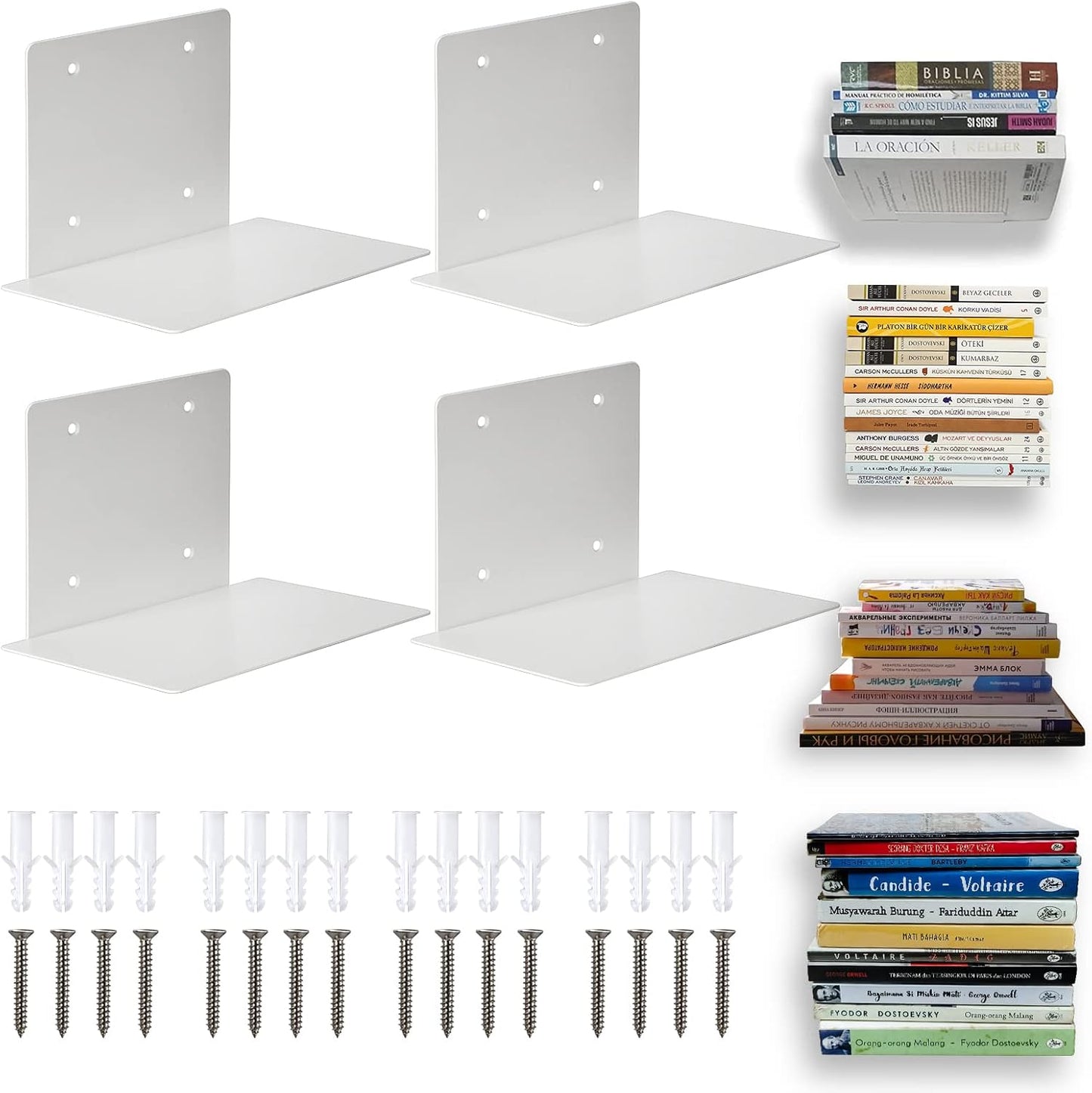 Invisible floating iron bookshelf, front view with books