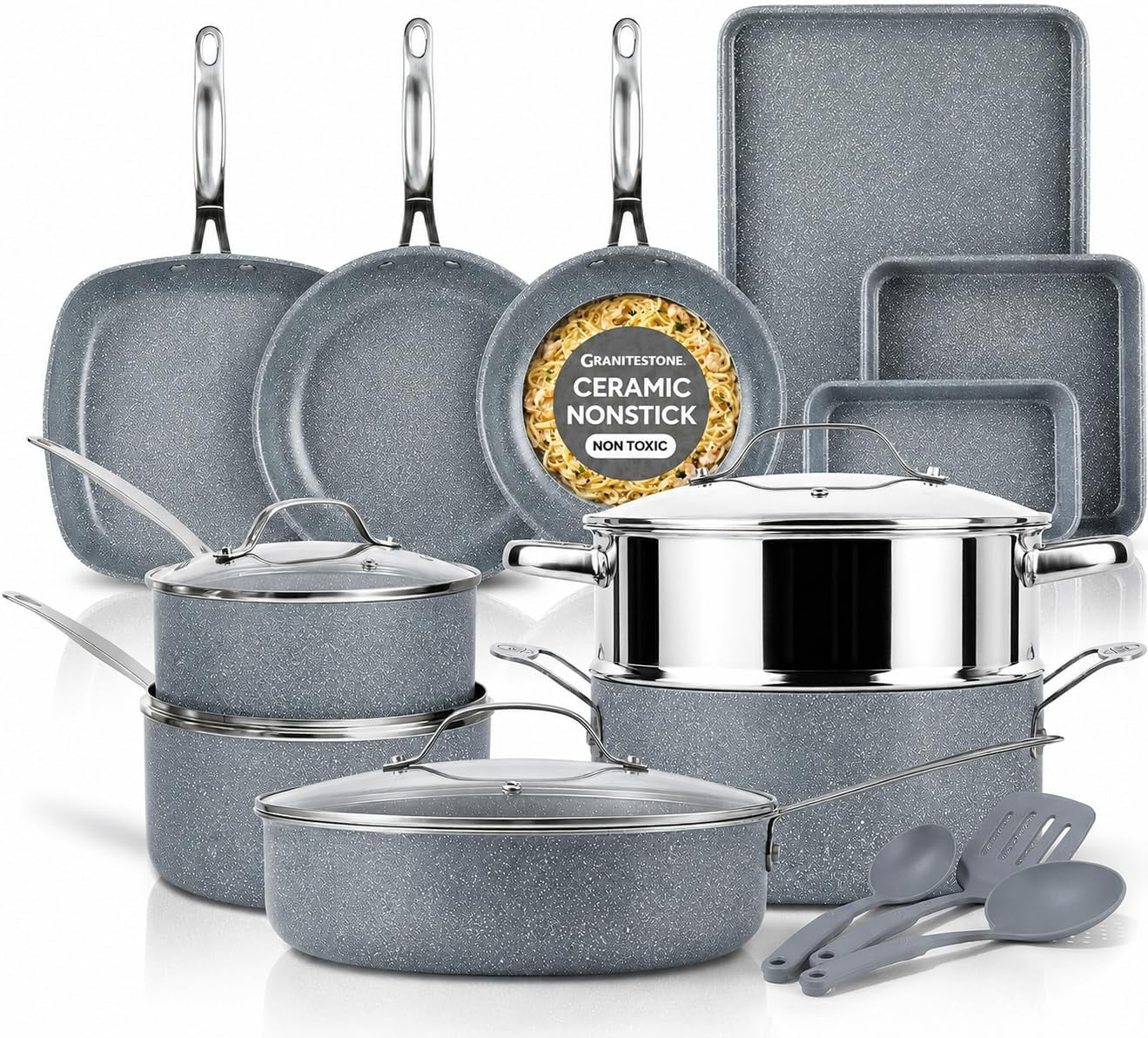 Granitestone 20 Pc Pots and Pans Set Non Stick, Pots and Pans Ceramic Cookware Set with Square Pan, Pot and Pan Set with Bakeware/Utensils, Non Stick Pots and Pan Set, Oven/Dishwasher Safe, Black