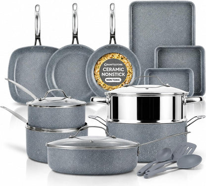 Granitestone 20 Pc Pots and Pans Set Non Stick, Pots and Pans Ceramic Cookware Set with Square Pan, Pot and Pan Set with Bakeware/Utensils, Non Stick Pots and Pan Set, Oven/Dishwasher Safe, Black