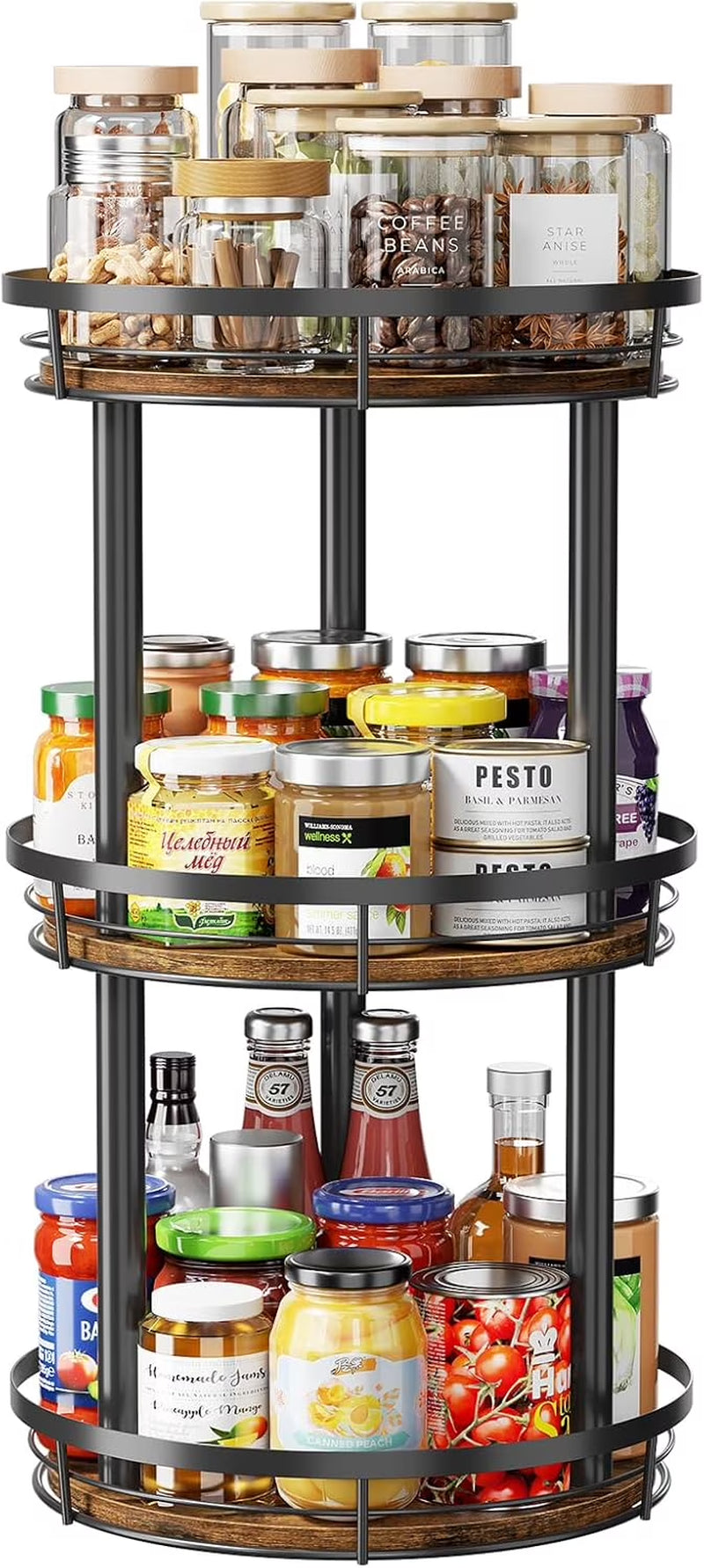 LAMU 12" Lazy Susans Turntable Organizer 2 Tier for Cabinet Pantry Kitchen Countertop Refrigerator Cupboard, Carbonized Wood Black