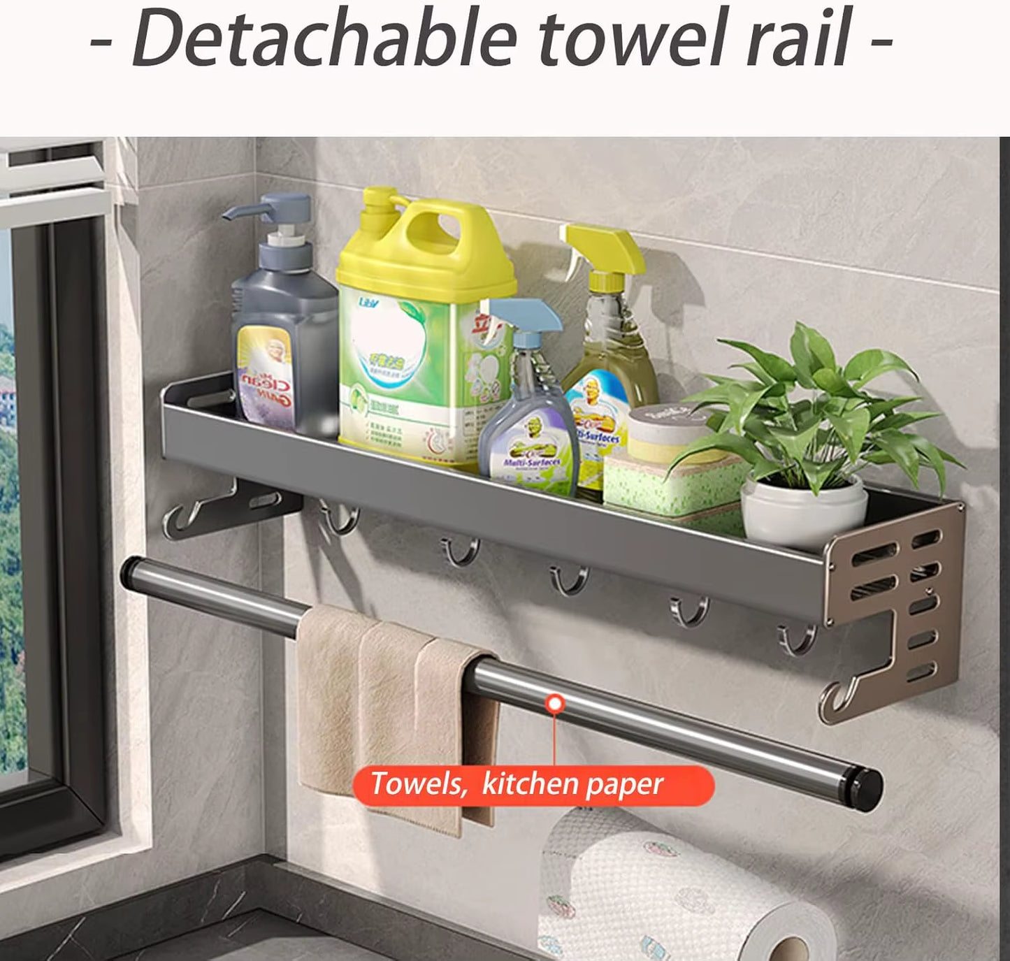 Wall Mount Utensil Holder Multifunctional Spice Organizer Shelf with Hooks Kitchen Hanging Storage Wall Shelf