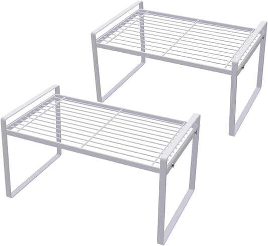 Shantton 2-Pack Stackable Steel Frame Organizer Racks - Space-Saving Storage Solution for Kitchen, Bathroom, Office, and More! Rust-Resistant & Non-Slip Design in Elegant White
