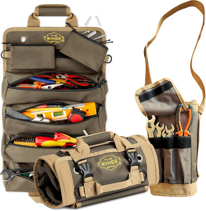 The Ryker Roll up Tool Bag Organizer Gifts for Dad. Heavy Duty Motorcycle Tool Roll Bag Organizer. Portable Rollup Toolbag W/Detachable Pouches - Tools Bags Mens Gifts for Him - Mechanic & Electrician