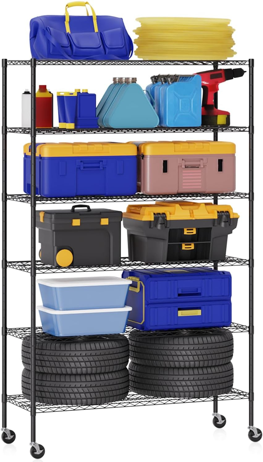 Bestoffice | 6-Tier Wire Storage Shelves with Wheels | 18X48X78 | Chrome | Adjustable Racks | Heavy-Duty Metal Shelf, Holds Upto 600 Lbs | No-Tool Assembly | Ideal for Home & Garage Shelving