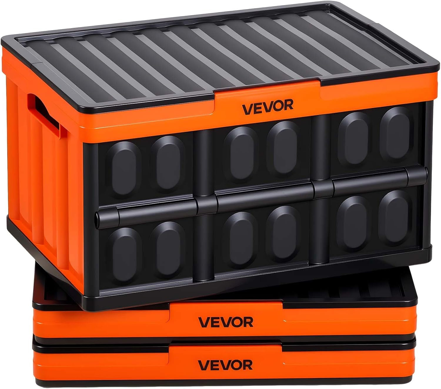 VEVOR Plastic Collapsible Storage Bins with Lids, 45L 3Packs, Stackable Folding Storage Crates with Handles, Holds 44 Lbs per Bin, Heavy Duty Containers, Space-Saving Baskets, for Home Organizing