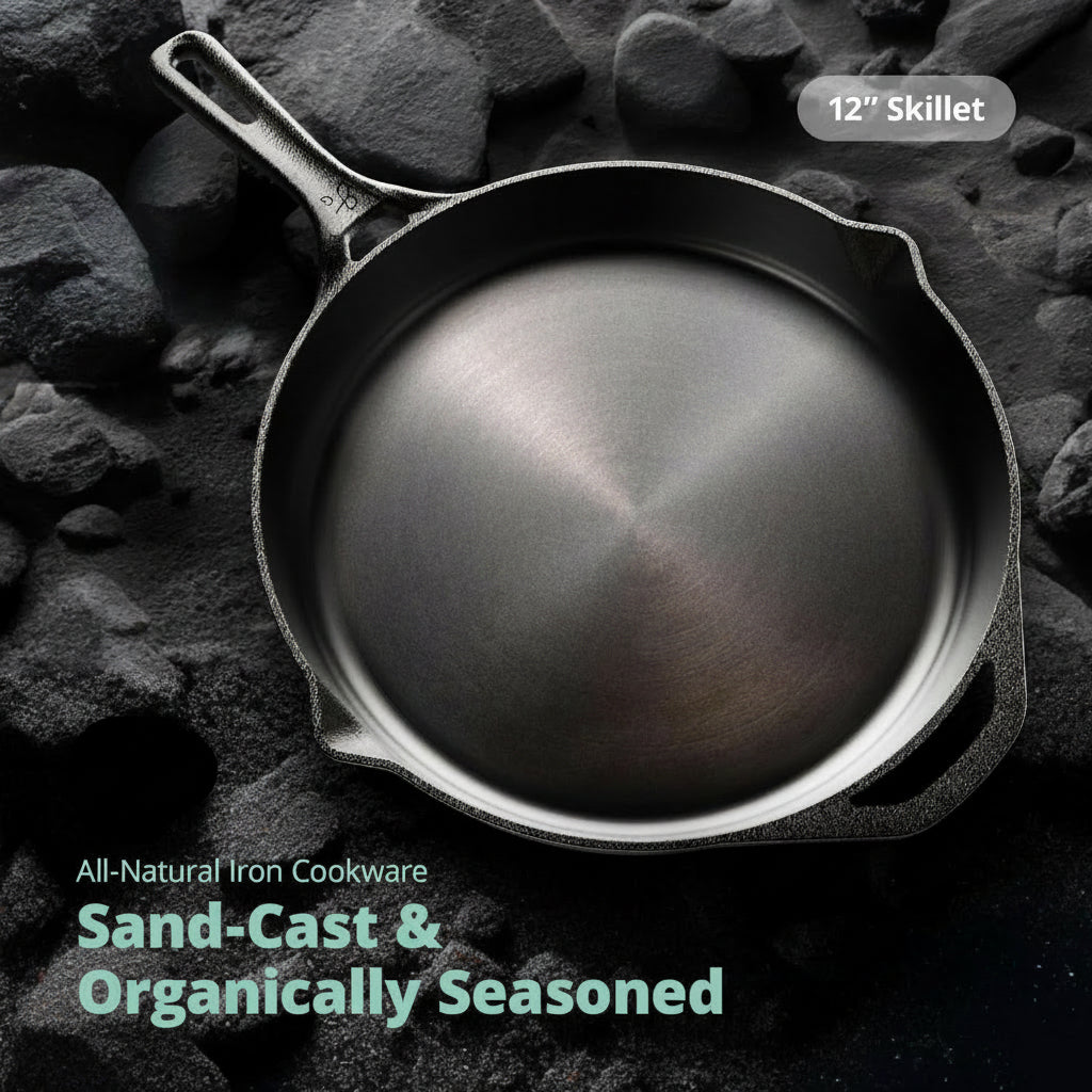 12-Inch Cast Iron Skillet - Smooth Milled & Organically Pre-Seasoned for Perfect Cooking Every Time!