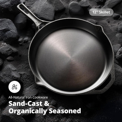 Master Chef's 12-Inch Greater Goods Cast Iron Skillet - Smooth Milled & Organically Pre-Seasoned for Perfect Cooking Every Time!