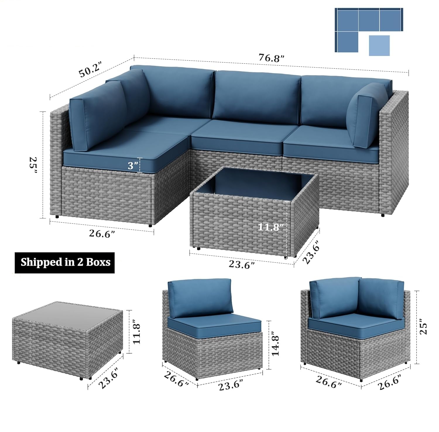 5 Pieces Outdoor Sectional Furniture, All-Weather Rattan Patio Furniture Set, Wicker Patio Sectional Couch with Cushion, Glass Table, Navy Blue