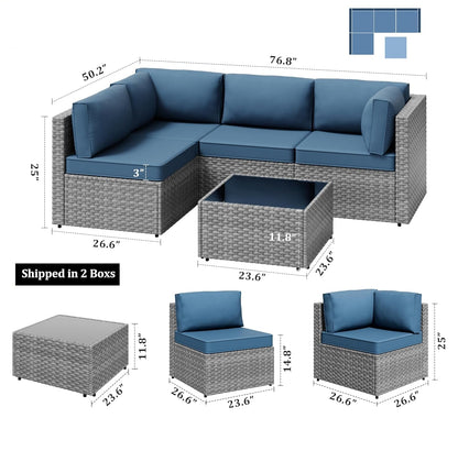 5 Pieces Outdoor Sectional Furniture, All-Weather Rattan Patio Furniture Set, Wicker Patio Sectional Couch with Cushion, Glass Table, Navy Blue
