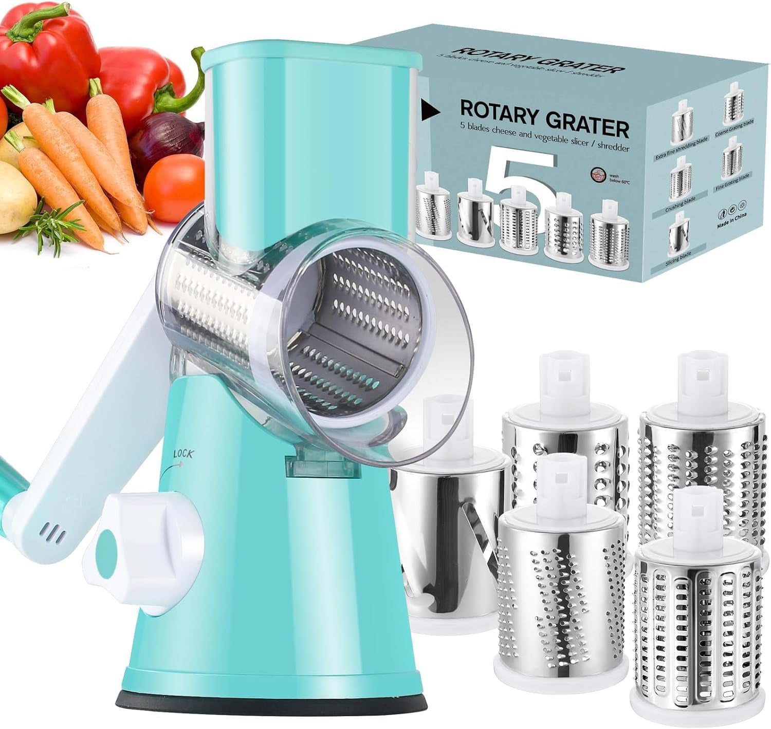Ourokhome Rotary Cheese Grater Hand Crank, Kitchen Shredder Speed Mandolin Slicer Nut Grinder with Handle and Drum Blades for Cheese, Vegetable, Walnut, Chocolate, Potato, Carrot, 3 Blades, Green