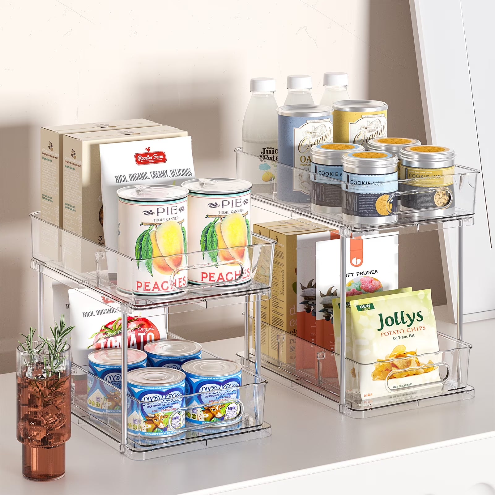 2 Tier Bathroom Storage Organizer, Delamu 2 Pack Clear under Sink Organizers Vanity Countertop Storage, Sliding Cabinet Organizer, Pull-Out Organization for Pantry, Kitchen
