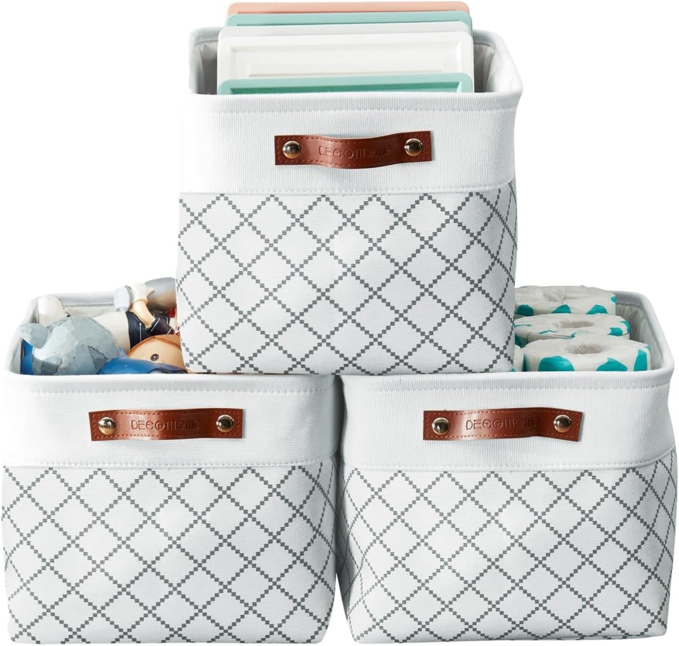 DECOMOMO Storage Bins, Large Fabric Storage Baskets for Shelves, Decorative Linen Closet Organizer, 15 X 11 X 9.5 Inches (Grey & White, 4 Pack)