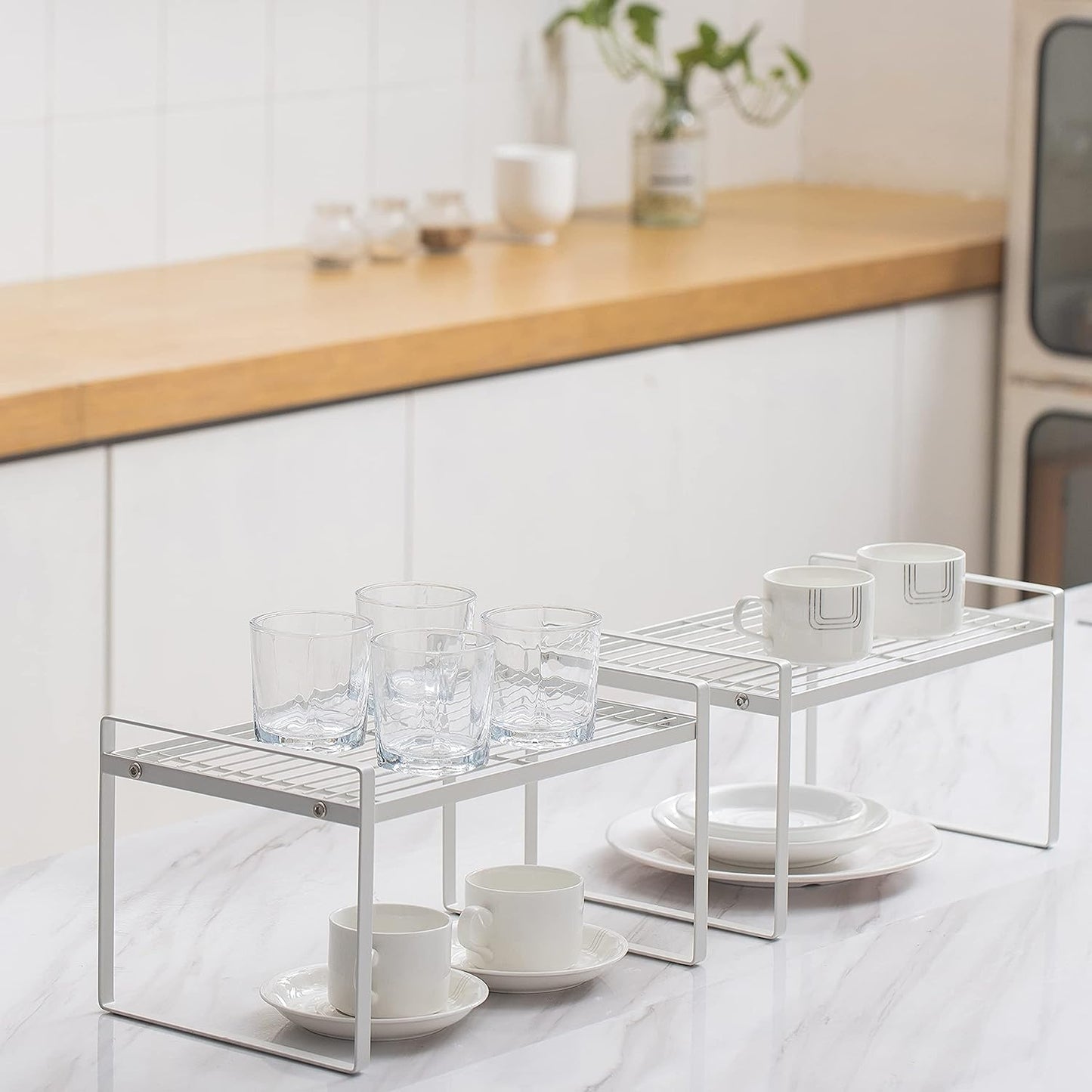 Shantton 2-Pack Stackable Steel Frame Organizer Racks - Space-Saving Storage Solution for Kitchen, Bathroom, Office, and More! Rust-Resistant & Non-Slip Design in Elegant White