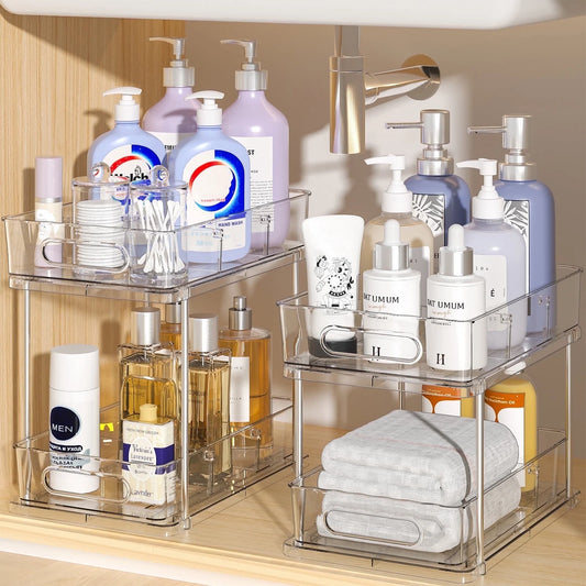2 Tier Bathroom Storage Organizer, Delamu 2 Pack Clear under Sink Organizers Vanity Countertop Storage, Sliding Cabinet Organizer, Pull-Out Organization for Pantry, Kitchen
