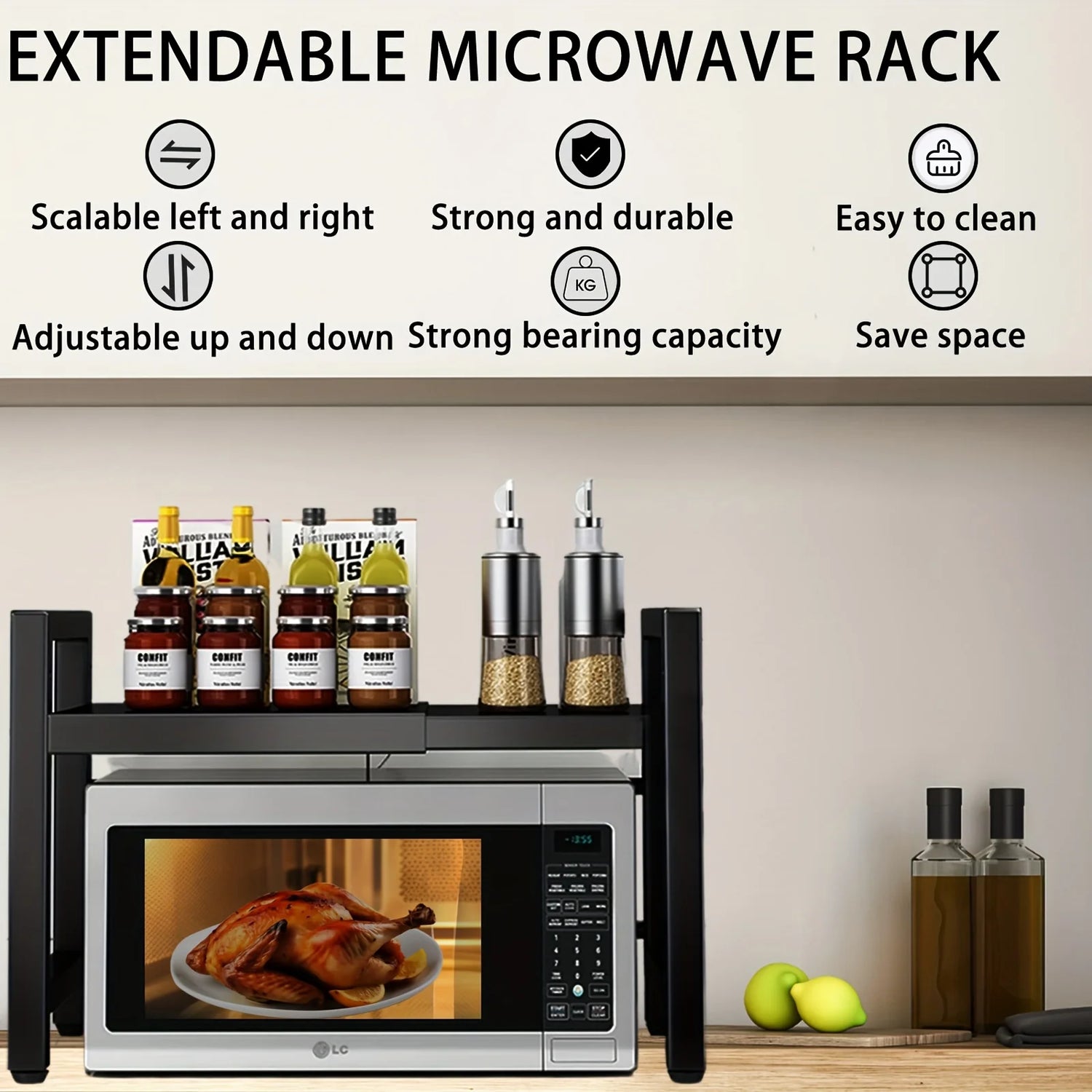 Expandable Microwave Shelf, Microwave Holder with 6 Hooks, Kitchen Storage Rack, Microwave Baking Rack, Extendable 40-64Cm