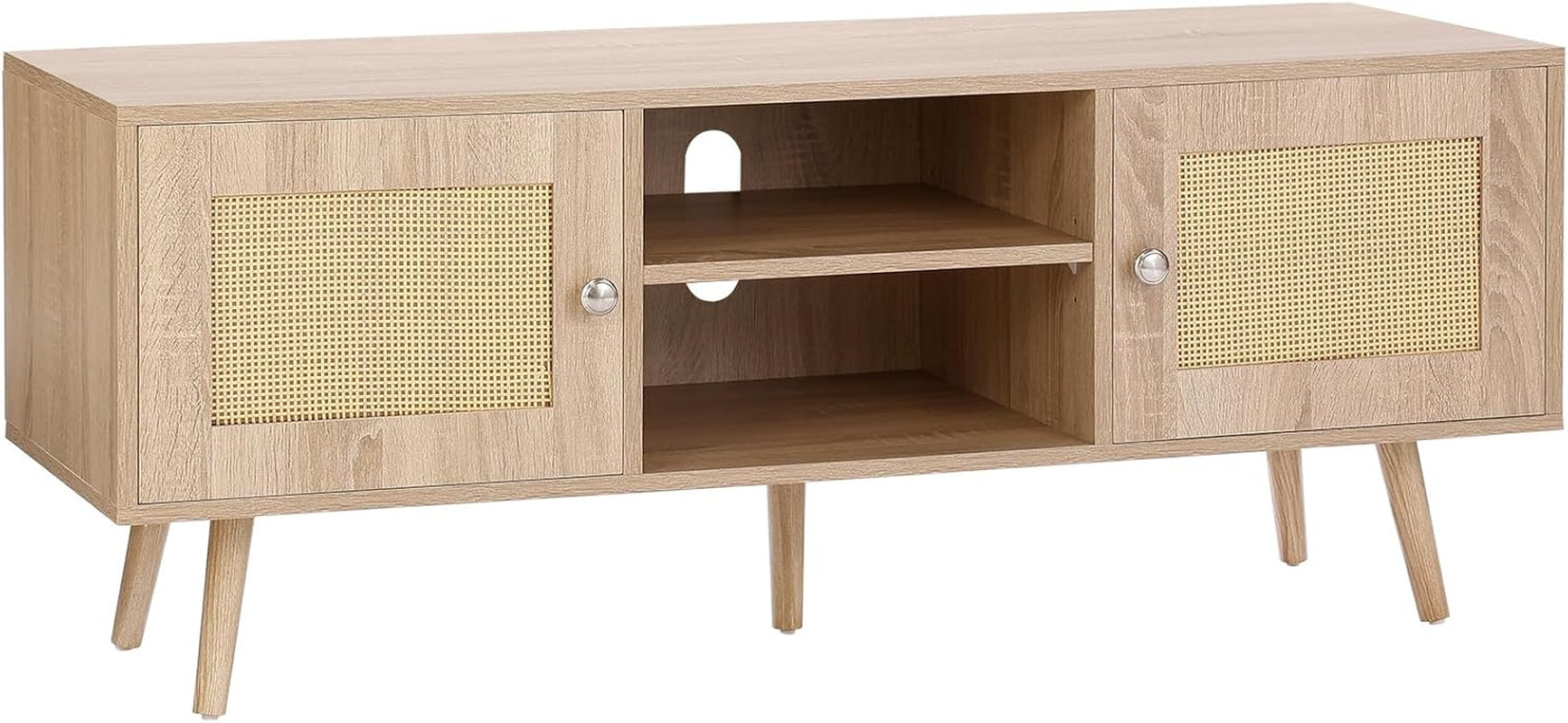 VEVOR Rattan TV Stand, Mid Century Modern TV Stand for 75 Inch TV, Boho Rattan TV Cabinet with Build-In Socket and USB Ports, Adjustable Shelfs for Living Room, Media Room, Oak