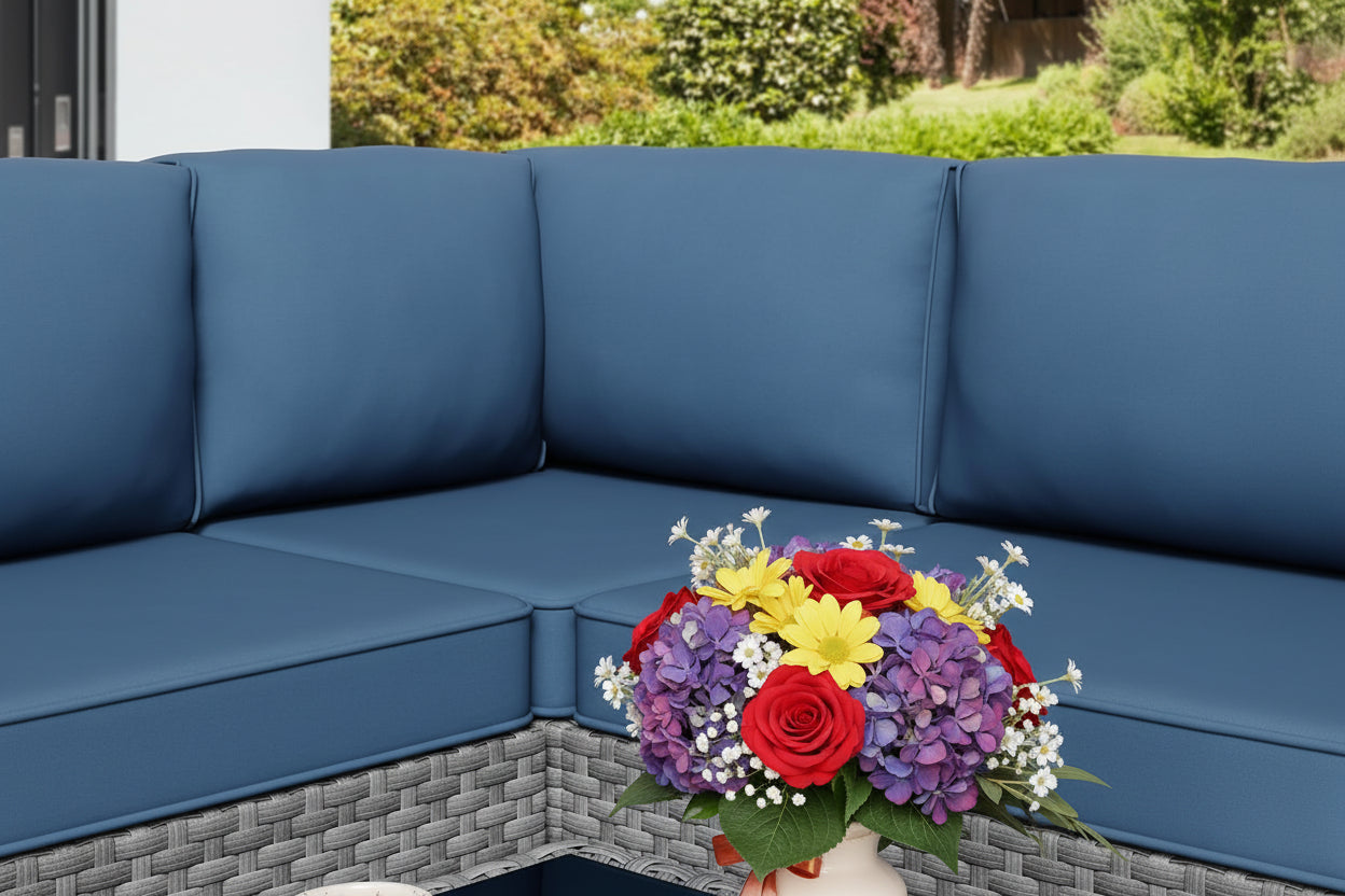 5 Pieces Outdoor Sectional Furniture, All-Weather Rattan Patio Furniture Set, Wicker Patio Sectional Couch with Cushion, Glass Table, Navy Blue