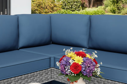 5 Pieces Outdoor Sectional Furniture, All-Weather Rattan Patio Furniture Set, Wicker Patio Sectional Couch with Cushion, Glass Table, Navy Blue