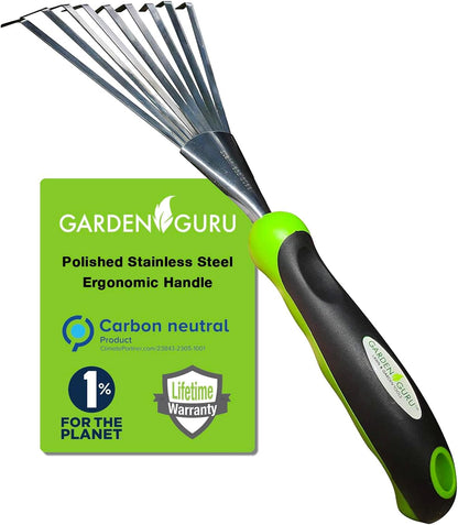 Garden Guru Ergonomic Stainless Steel Hand Rake and Soil Tiller for Gardening, Soil Cultivation, Mulch Spreading, and Flower Bed Raking