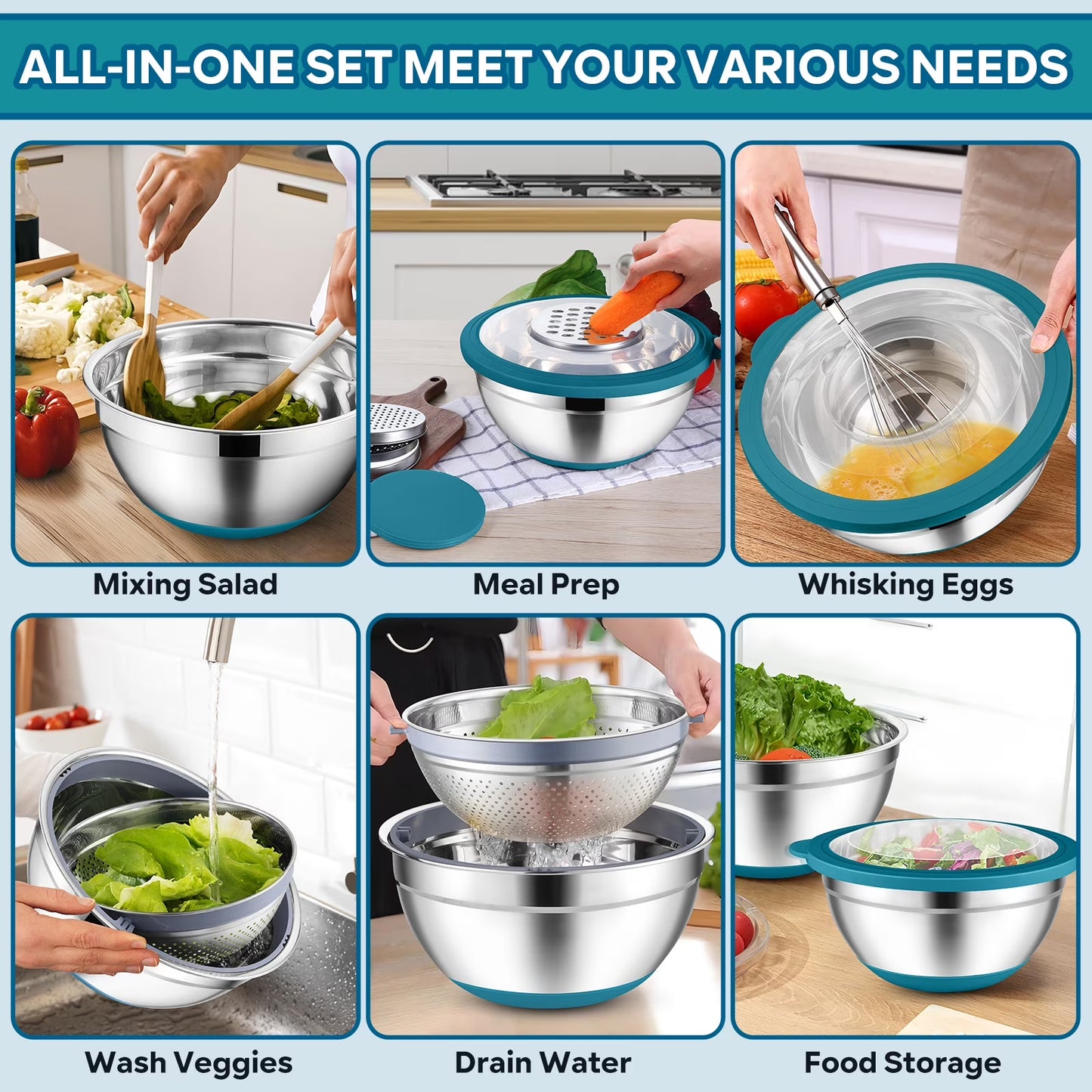Vesteel Mixing Bowls with Lids Set of 7, Stainless Steel Nesting Bowls with Colander and 3 Graters for Draining Prepping Slicing, Nonslip Bottoms & Airtight Lid, Size 4.6, 2.6, 1.5 Qt, Blue