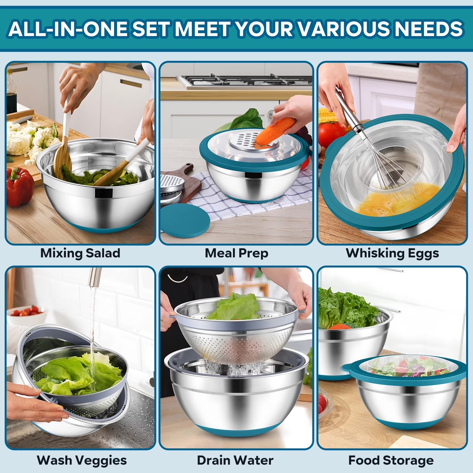 Vesteel Mixing Bowls with Lids Set of 7, Stainless Steel Nesting Bowls with Colander and 3 Graters for Draining Prepping Slicing, Nonslip Bottoms & Airtight Lid, Size 4.6, 2.6, 1.5 Qt, Blue
