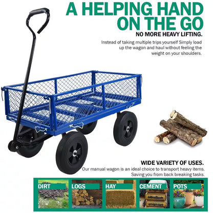 Metal Wagon Cart with 10" Pneumatic Tire and Handle, Utility Dump Outdoor Serving Cart for Lawn Garden Farm in Blue