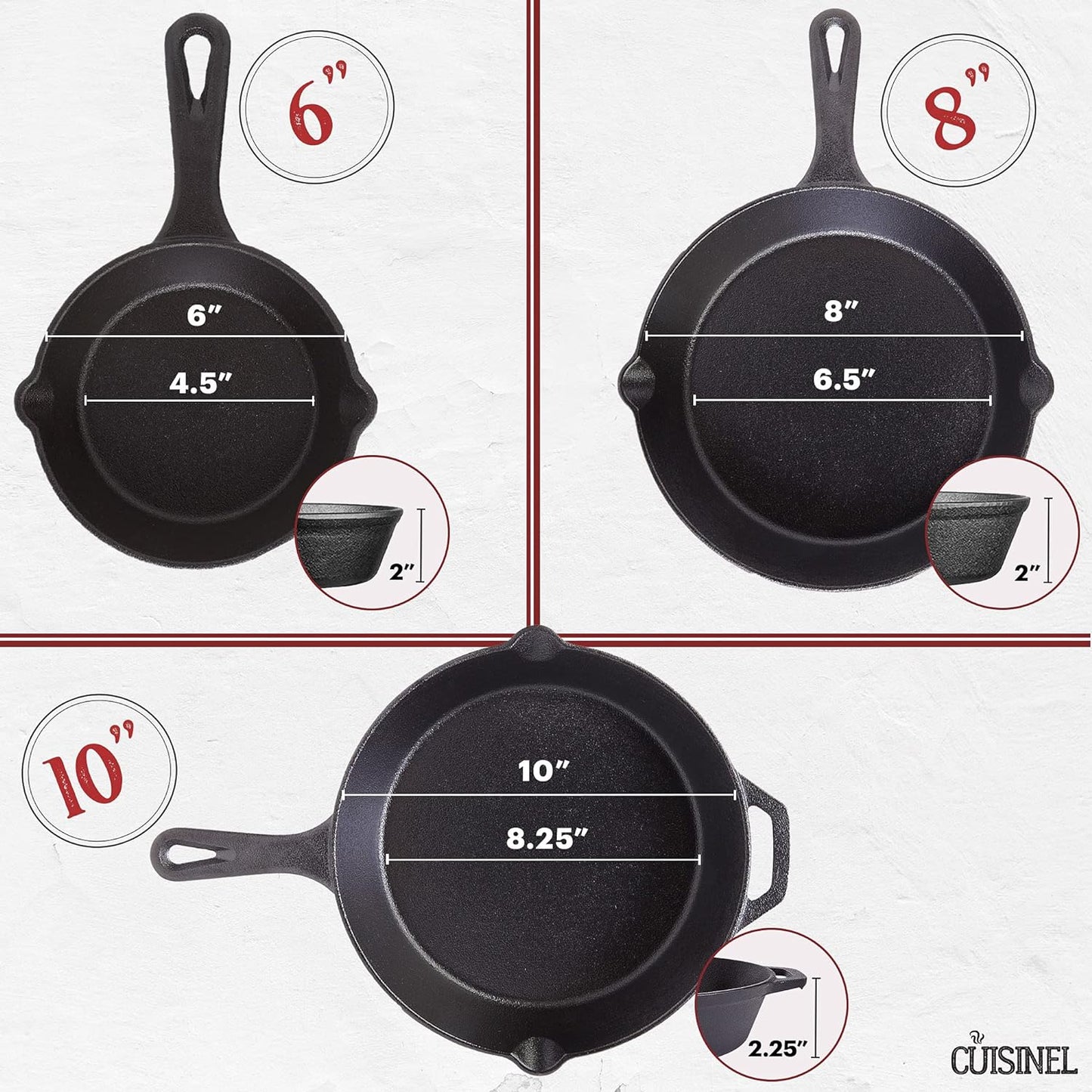 Cuisinel Pre-Seasoned Cast Iron Skillet Set - 6", 8", & 10" with Glass Lids & Silicone Handle Covers - Versatile Oven Safe Cookware for Indoor/Outdoor Cooking, Grill, BBQ, & Induction
