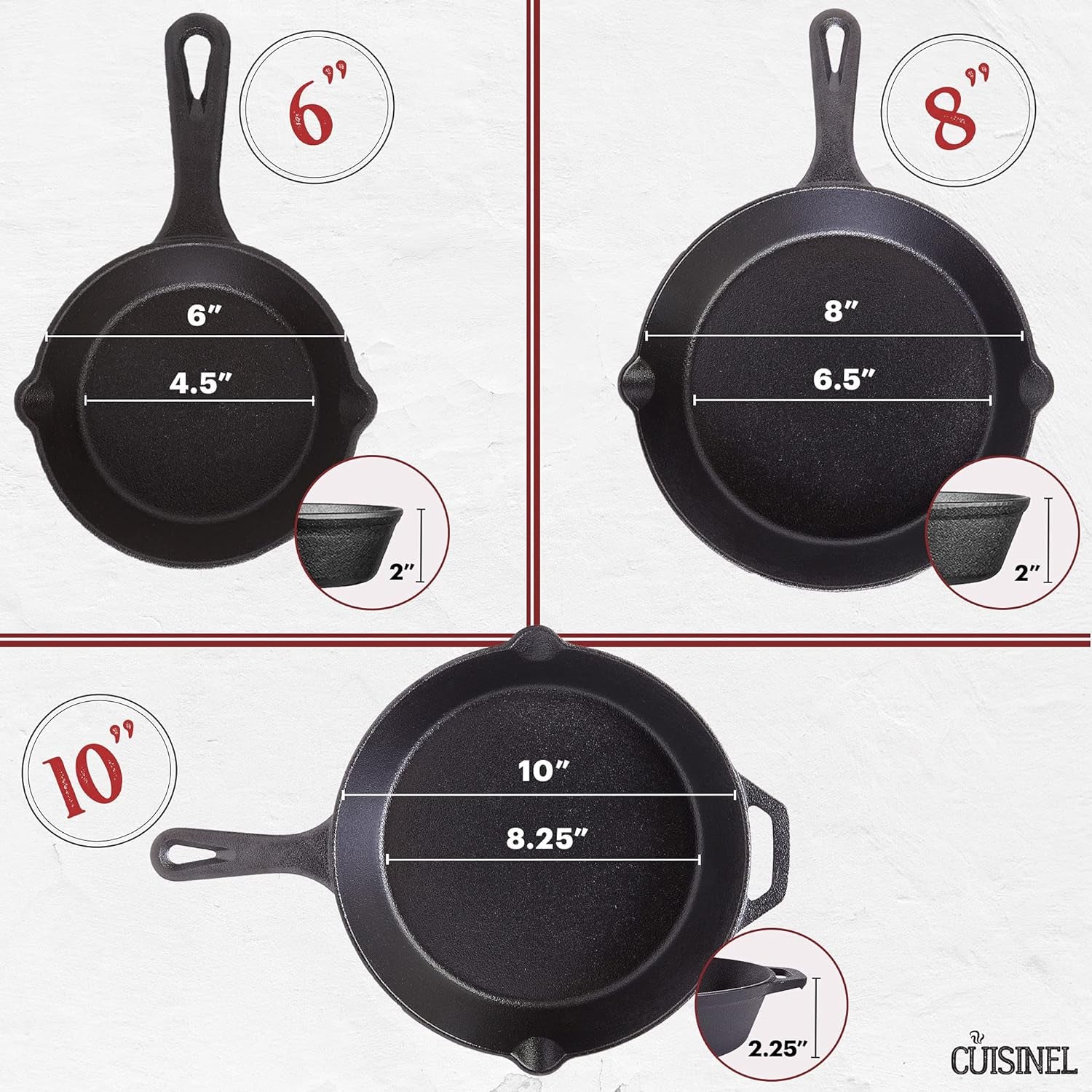 Cuisinel Pre-Seasoned Cast Iron Skillet Set - 6", 8", & 10" with Glass Lids & Silicone Handle Covers - Versatile Oven Safe Cookware for Indoor/Outdoor Cooking, Grill, BBQ, & Induction