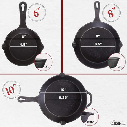Cuisinel Pre-Seasoned Cast Iron Skillet Set - 6", 8", & 10" with Glass Lids & Silicone Handle Covers - Versatile Oven Safe Cookware for Indoor/Outdoor Cooking, Grill, BBQ, & Induction