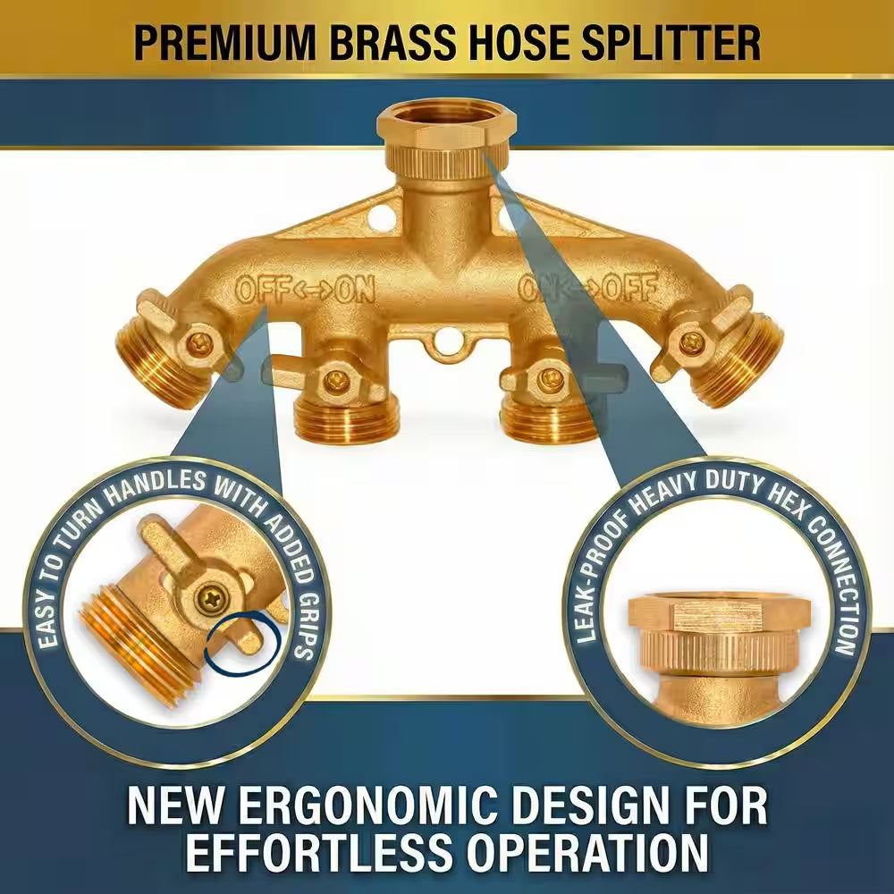 Brass Garden Hose Splitter, Heavy-Duty 4-Way Hose Connector Fitting