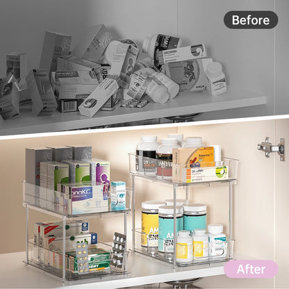 2 Tier Bathroom Storage Organizer, Delamu 2 Pack Clear under Sink Organizers Vanity Countertop Storage, Sliding Cabinet Organizer, Pull-Out Organization for Pantry, Kitchen